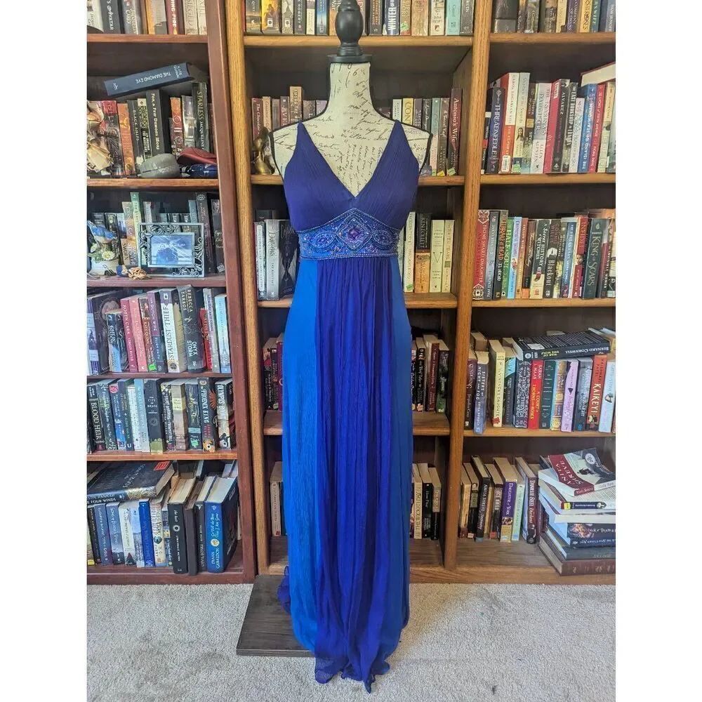 Sue Wong Nocturne Women's Size 2 Blue Embellished Sleeveless Maxi Dress Silk